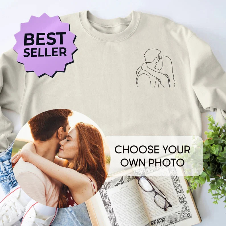 Couples Custom Photo Outline Embroidered Sweatshirt